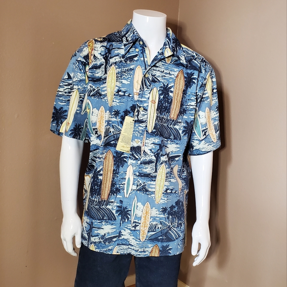 NWT REYN SPOONER blue Hawaiian surfing cotton shirt size L